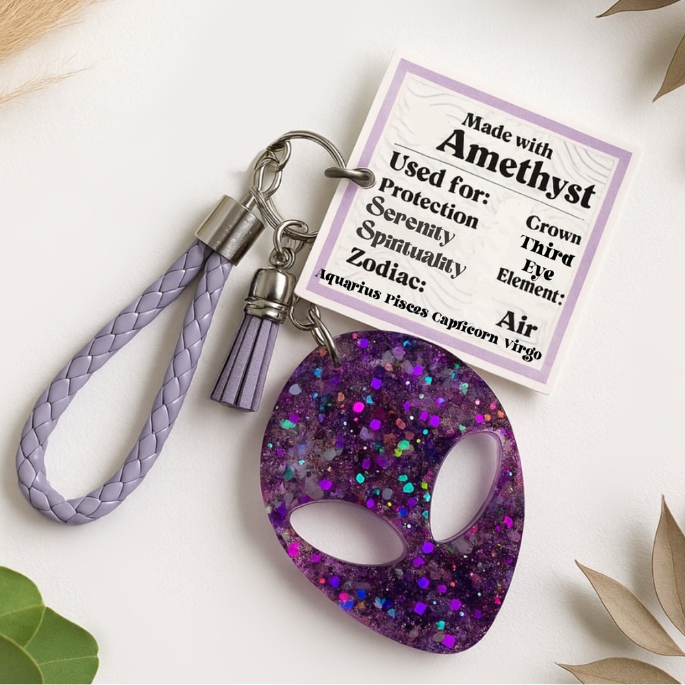 💗5 for $25💗 Purple Glitter Amethyst Alien Keychain